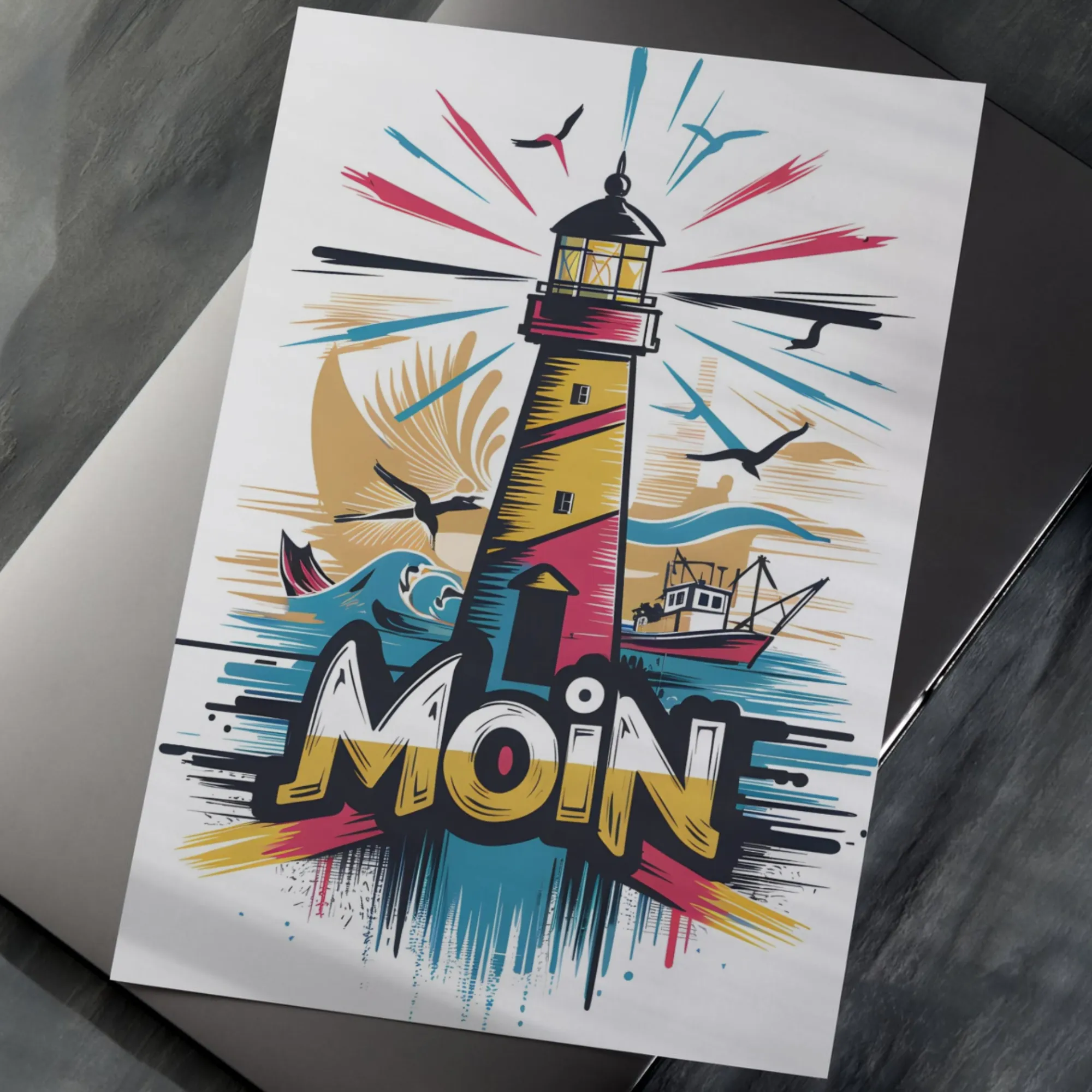 Moin Postkarte Leuchtturm Bunt