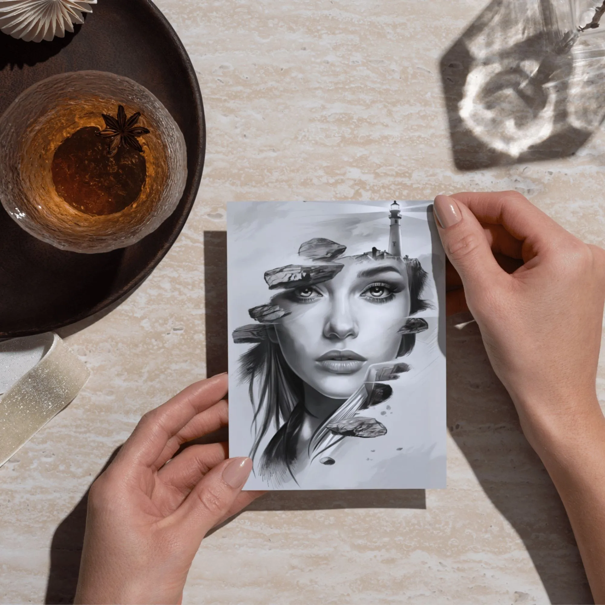 Poster Surrealismus Frau Leuchtturm