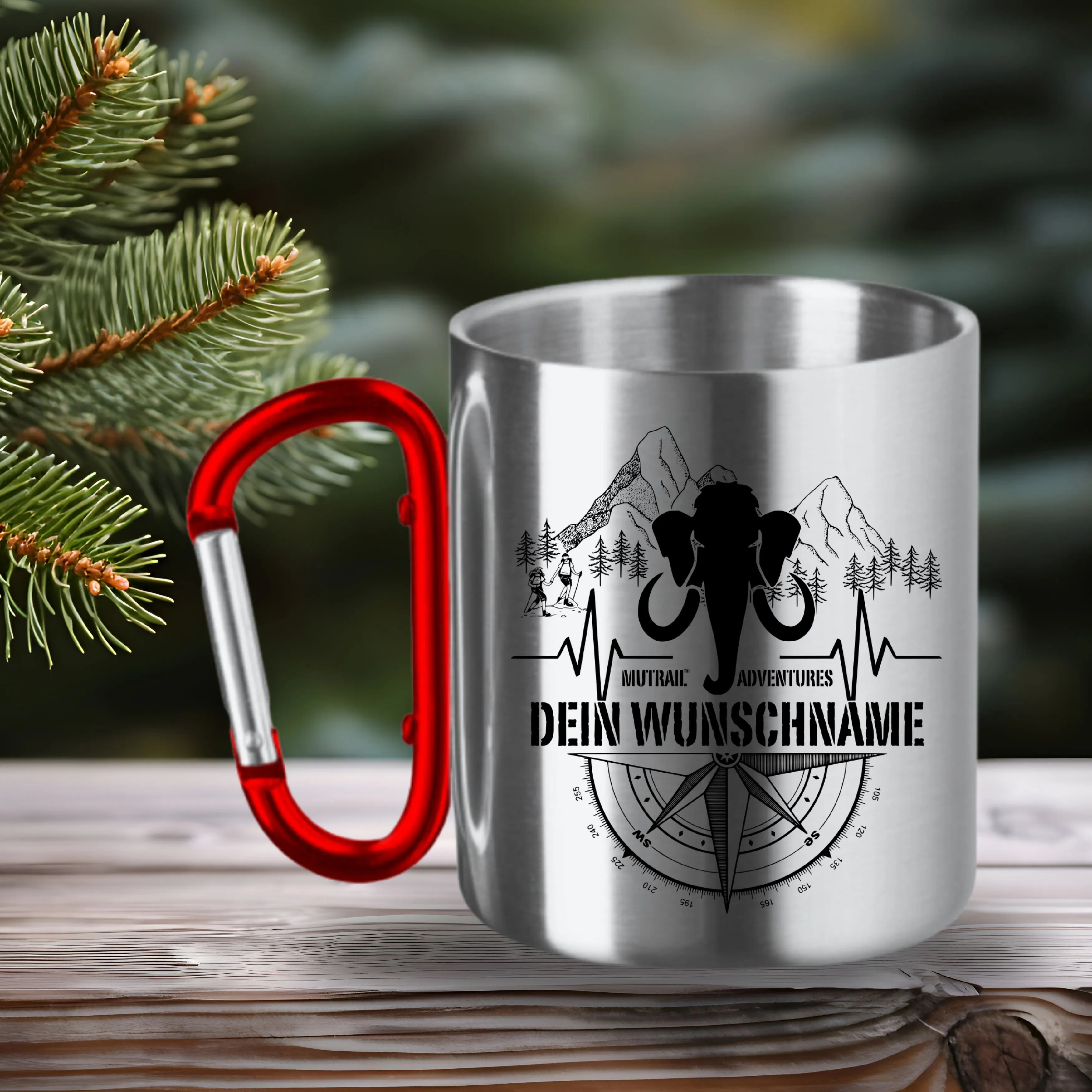 MUTRAIL™ Personalisierte Edelstahltasse mit Karabinergriff Wunschname | Wandern