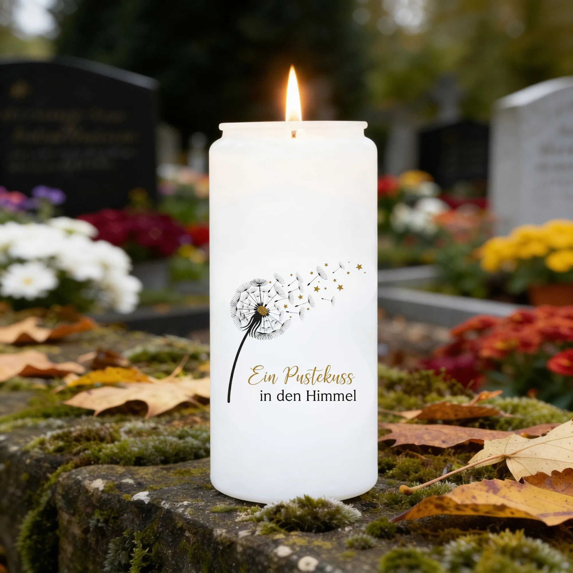 Aufkleber Grabkerze Pusteblume Spruch Pustekuss in den Himmel